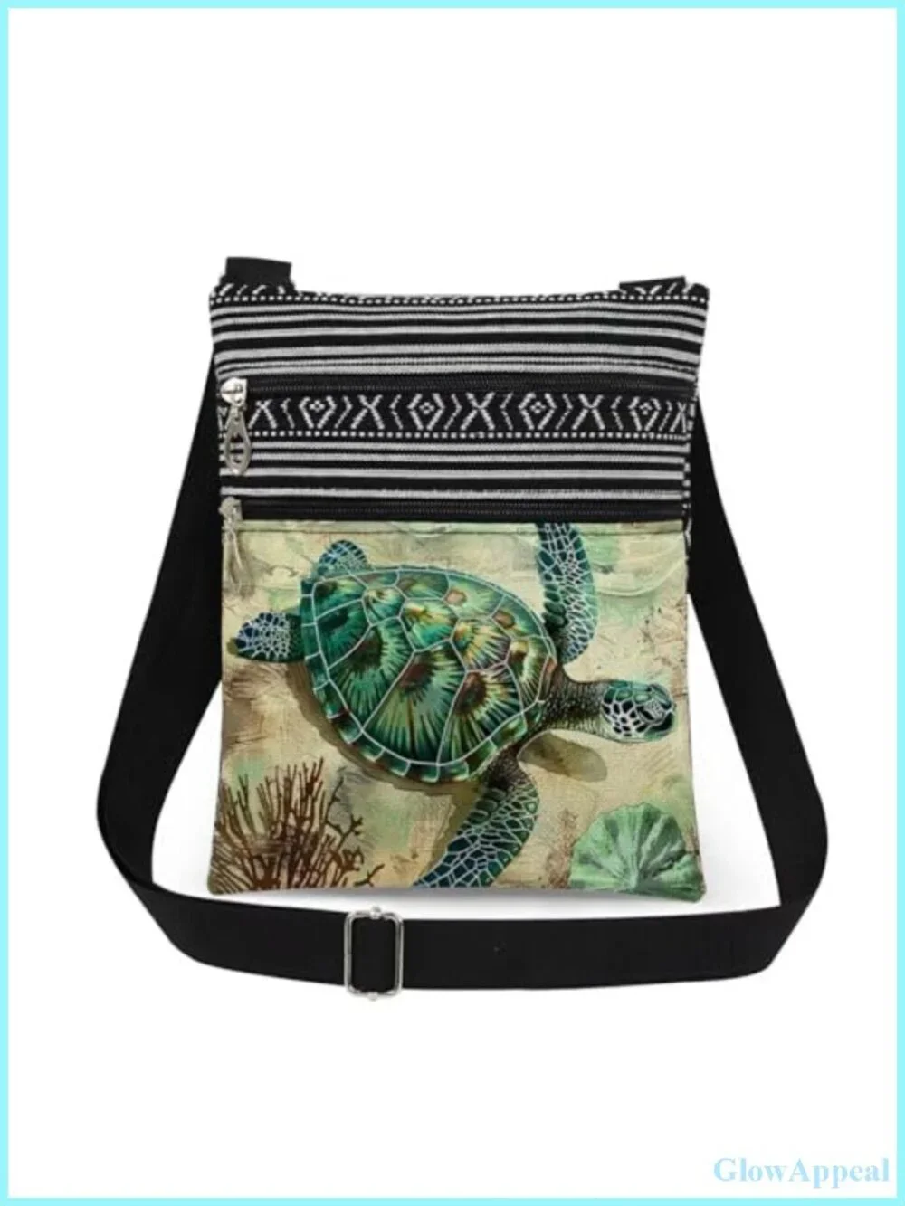 Turtle Crossbody Bag Polyester Sling Adjustable Strap Double Zipper